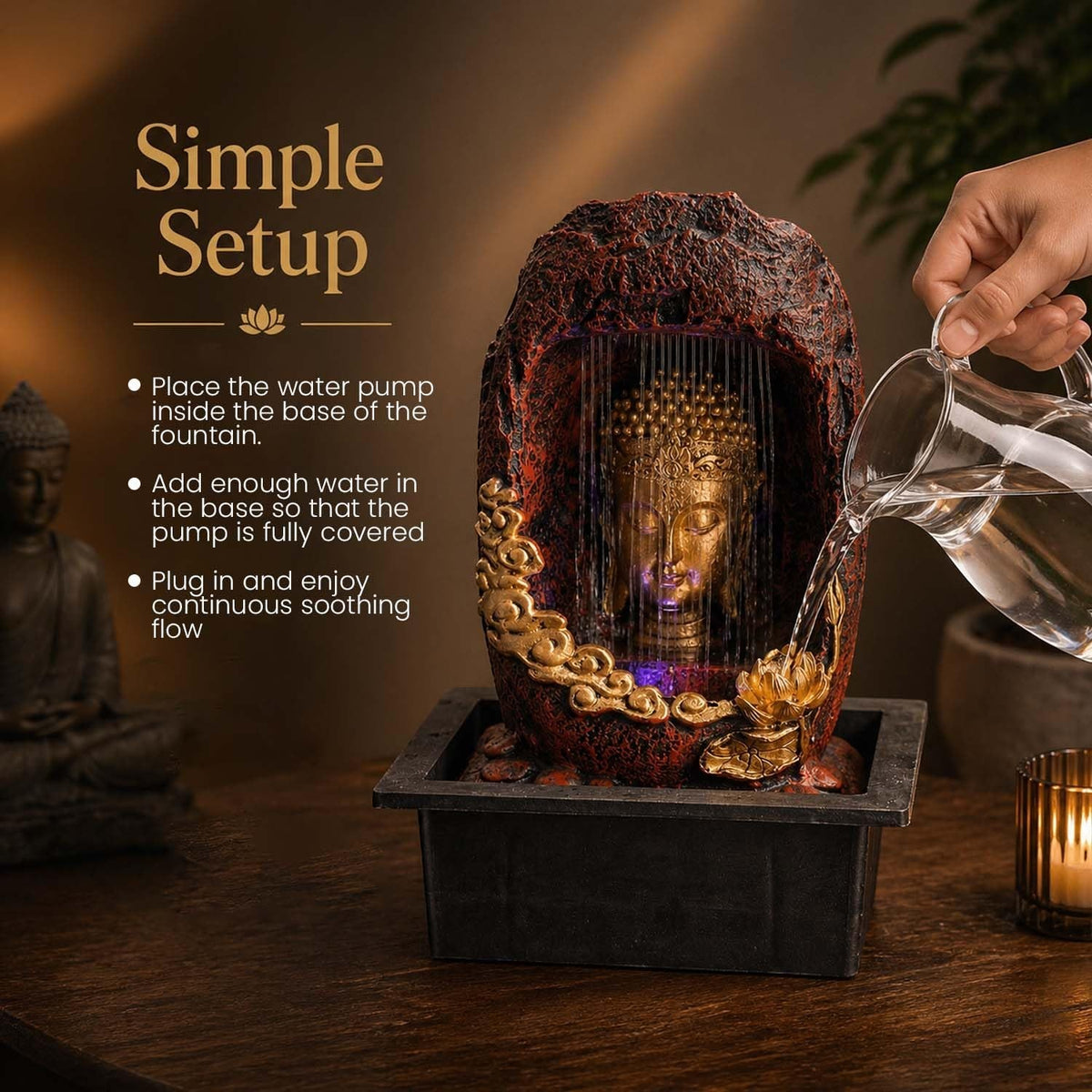 Go Hooked multicolour polyresin Buddha face tabletop fountain with LED light and water pump. Textured rock design.