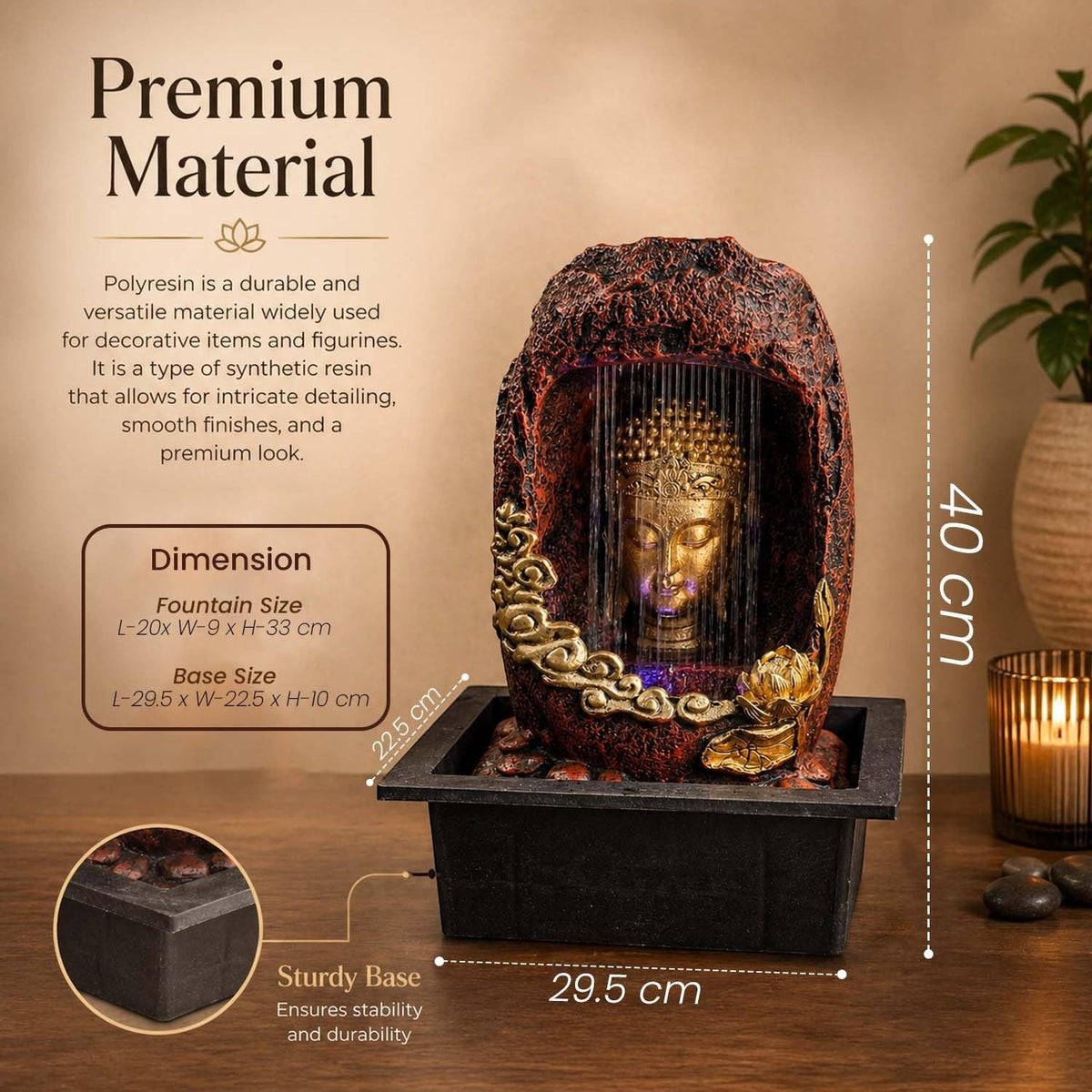 Go Hooked multicolour polyresin Buddha face tabletop water fountain with LED light and waterfall effect.