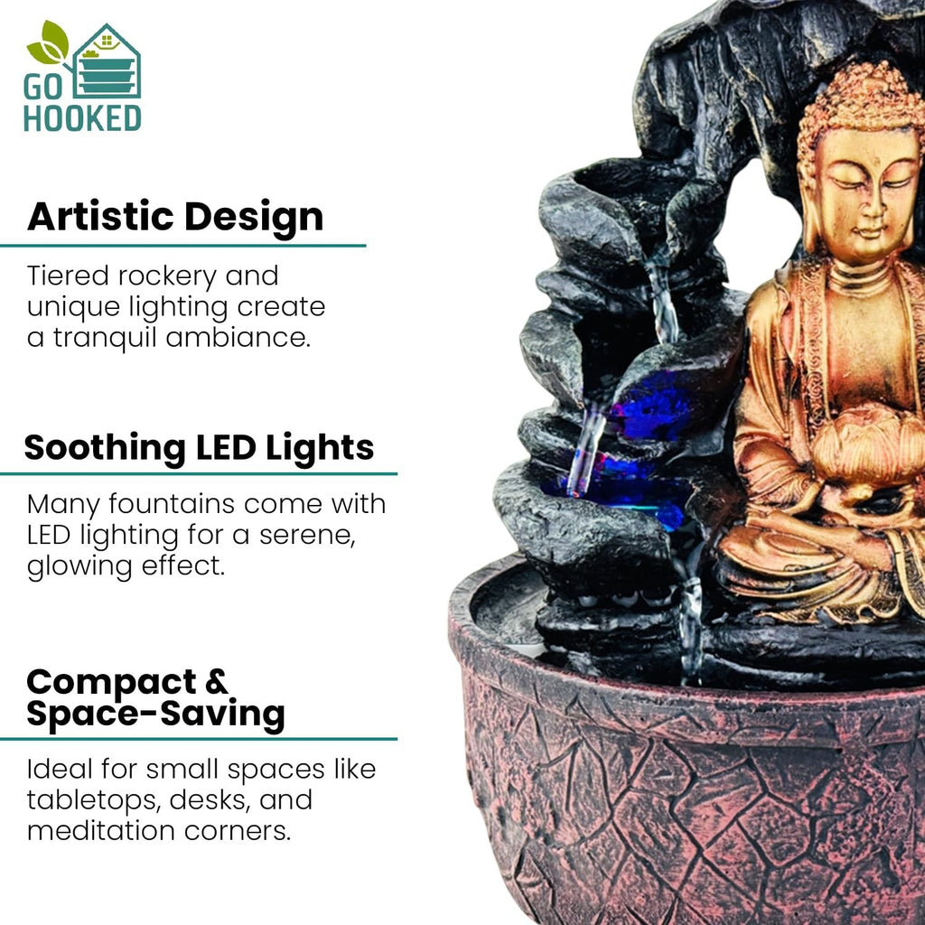 Go Hooked Lord Buddha resin tabletop fountain with LED lights and adjustable water flow, creating a tranquil ambiance.