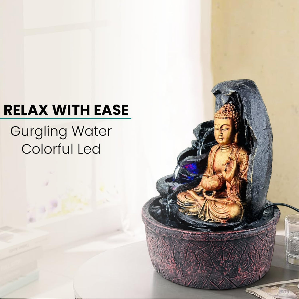 GoHooked Lord Buddha tabletop fountain with LED lights and adjustable water flow, made of polyresin.