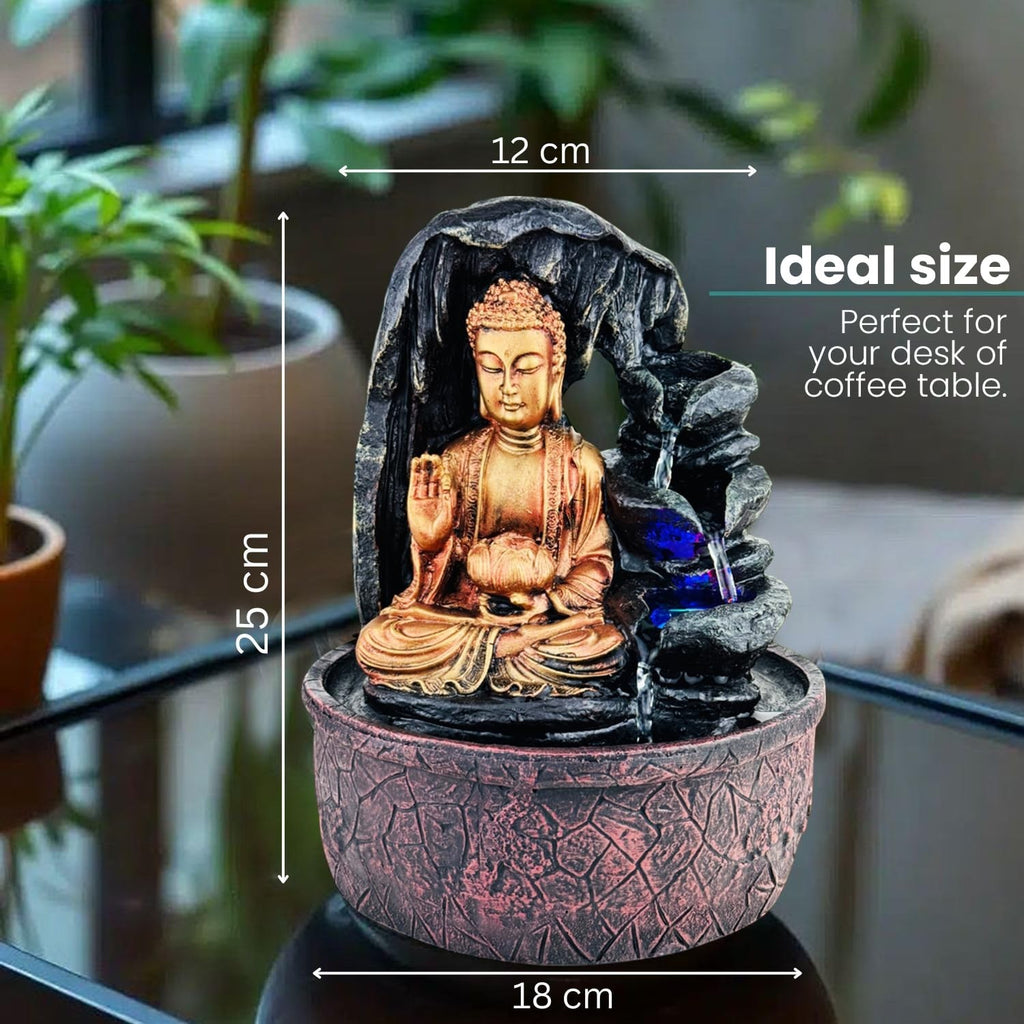 GoHooked Lord Buddha tabletop fountain with LED lights and adjustable water flow, made of polyresin in gold and black.