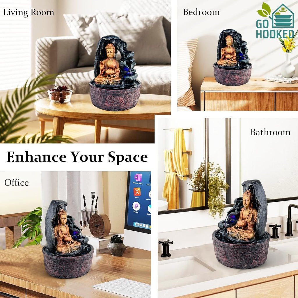 Go Hooked Lord Buddha polyresin tabletop fountain with LED lights and adjustable water flow, creating a peaceful ambiance.