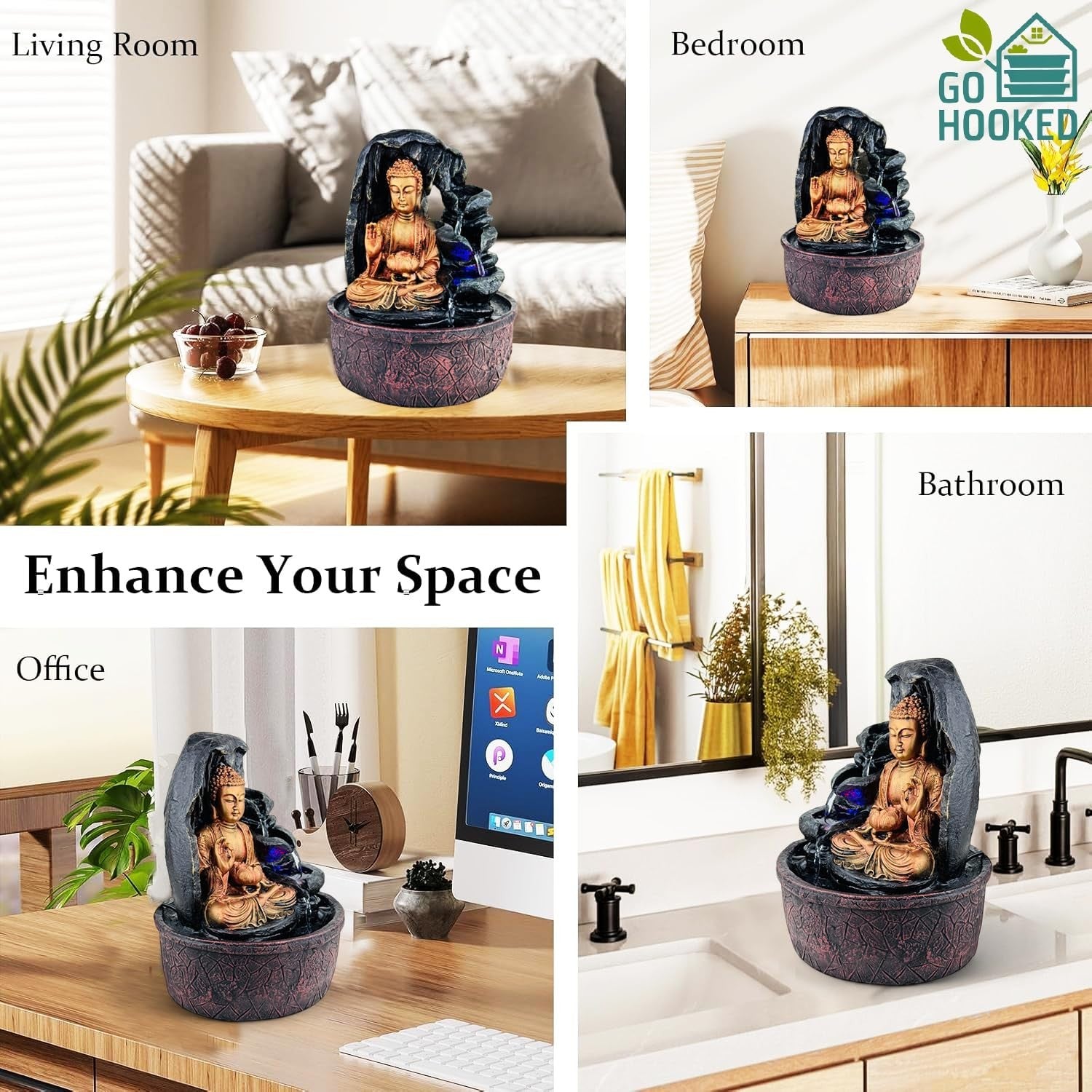 Go Hooked Lord Buddha polyresin tabletop fountain with LED lights and adjustable water flow, creating a peaceful ambiance.