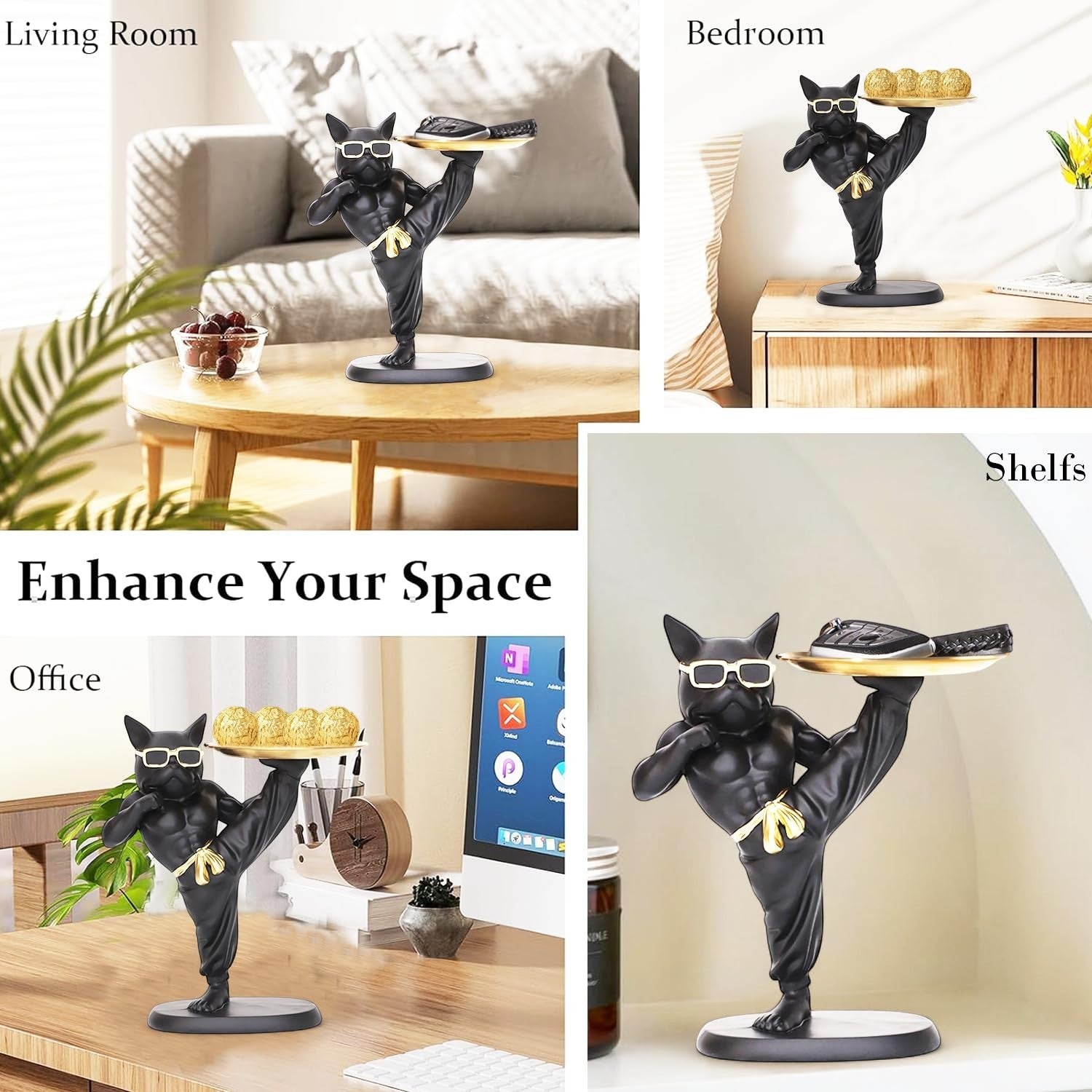 GoHooked black polyresin bulldog statue holding a gold tray with items. Decorative sculpture for home or office.
