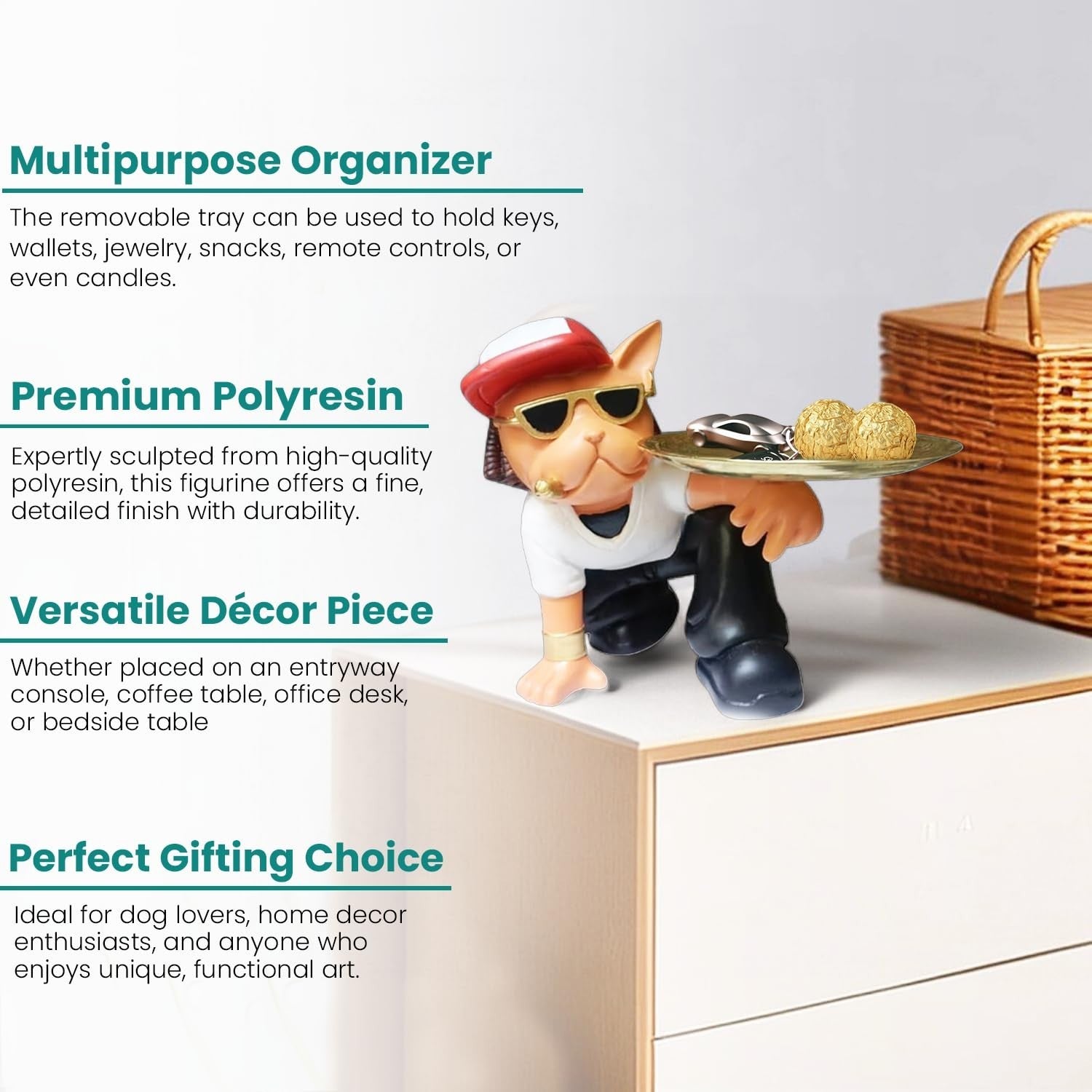 GoHooked black and white polyresin bulldog statue holding a serving tray with keys and candies. Decorative sculpture.