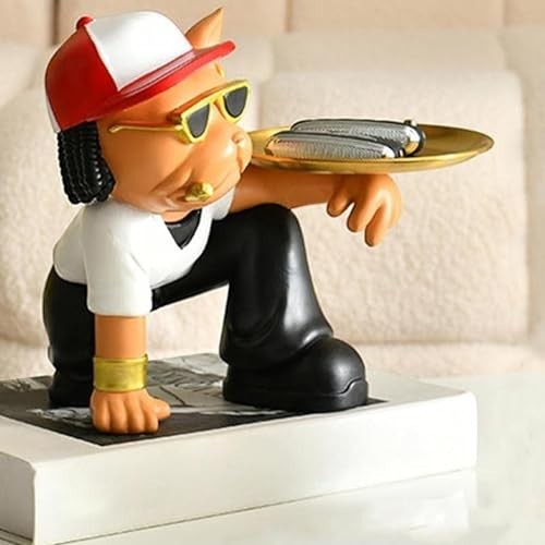 GoHooked black and white polyresin bulldog statue holding a gold tray, wearing sunglasses and a red and white cap.