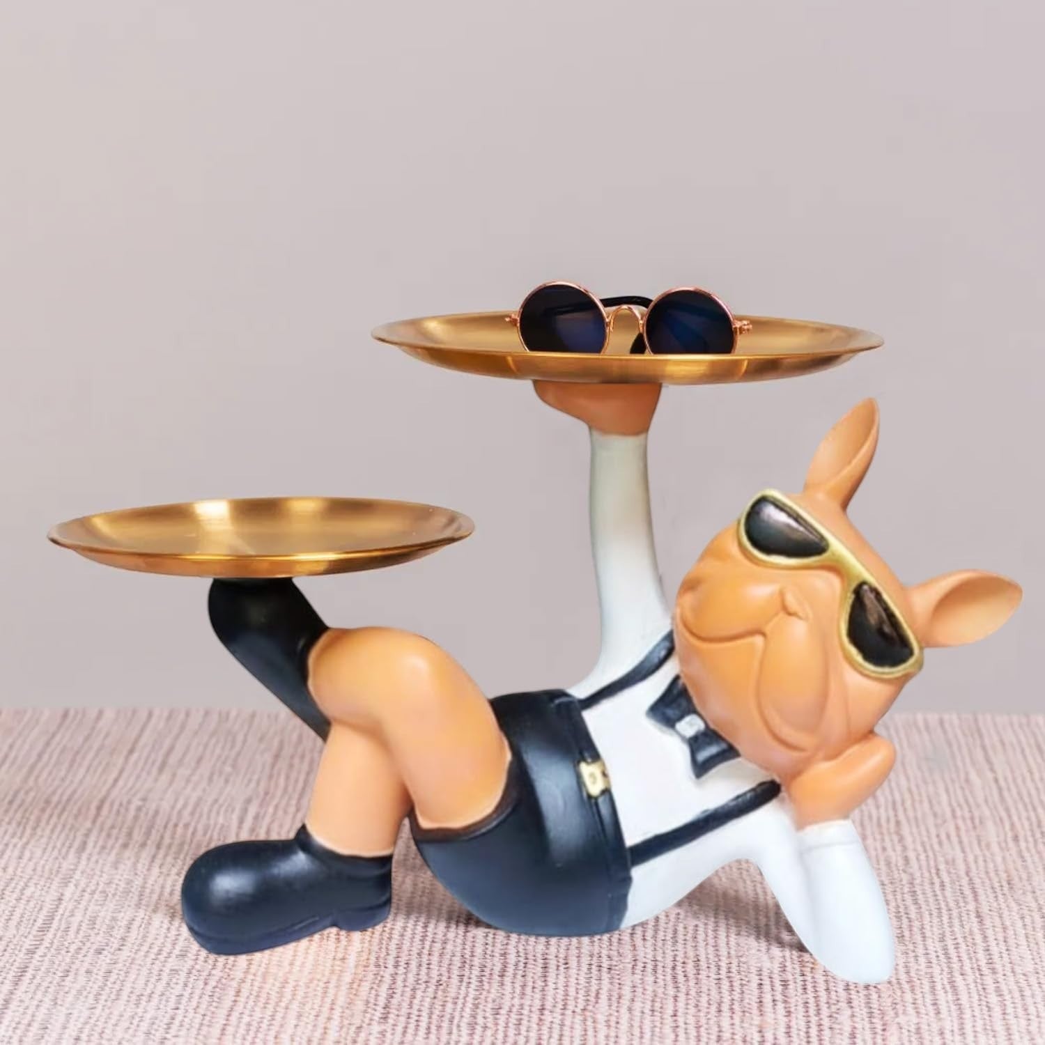 GoHooked black and white polyresin bulldog statue wearing sunglasses and a bow tie, holding two gold trays for storage or serving.