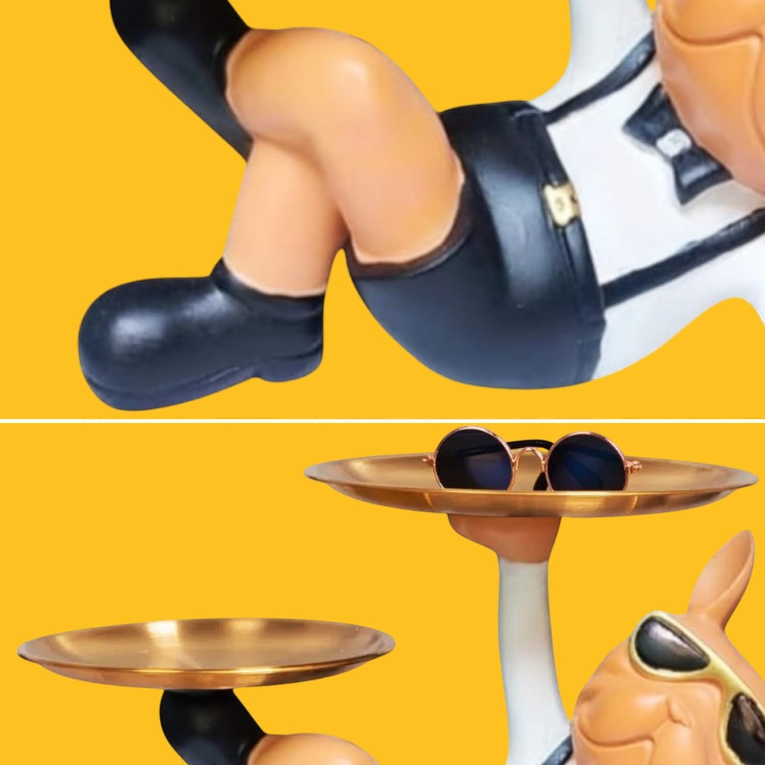 GoHooked black and white polyresin bulldog statue holding two gold serving trays. Features a detailed sculpture with a tuxedo.
