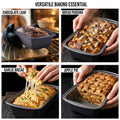 GoHooked grey carbon steel loaf pan and square baking pan set, non-stick, oven safe for cakes, brownies, bread, and lasagna.
