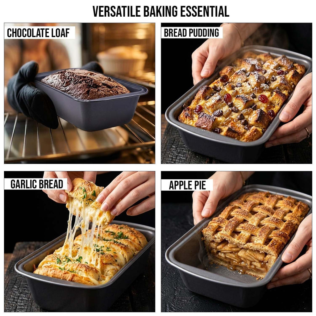 GoHooked black carbon steel loaf pan, non-stick, oven safe, perfect for bread, cakes, and brownies. Pack of 2.