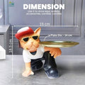 Go Hooked cat figurine in sunglasses and hat, holding a gold serving tray. Black and white.