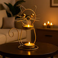 GoHooked matte gold iron cat tealight candle holder with two trays, 21cm tall, decorative stand.