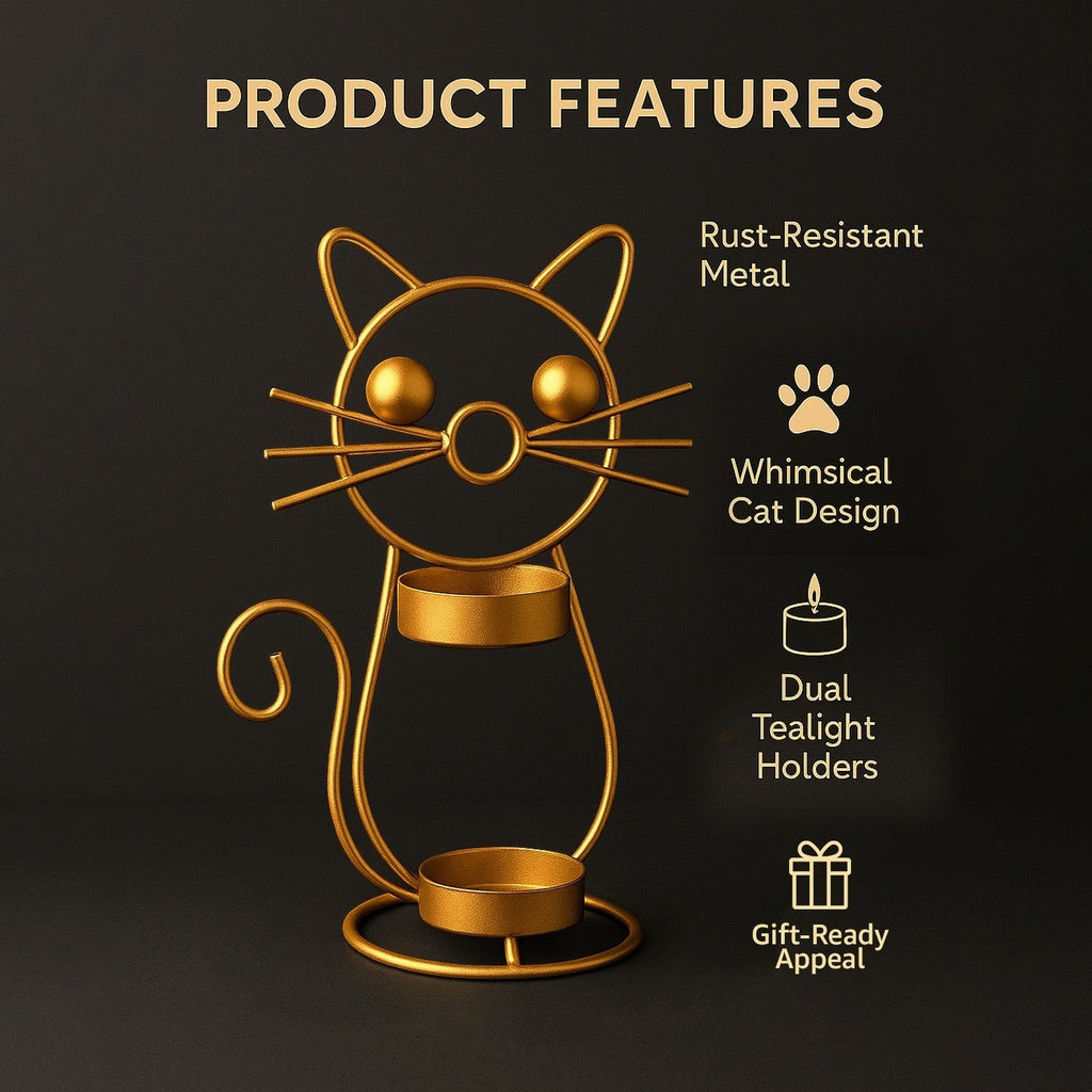 GoHooked matte gold metal cat tealight candle holder with two trays and whimsical design.