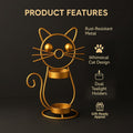GoHooked matte gold metal cat tealight candle holder with two trays and whimsical design.