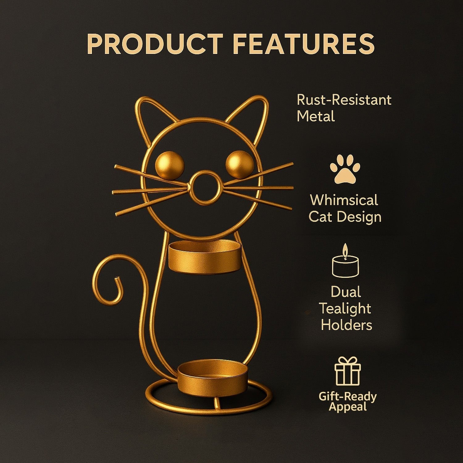 GoHooked matte gold metal cat tealight candle holder with two trays and whimsical design.