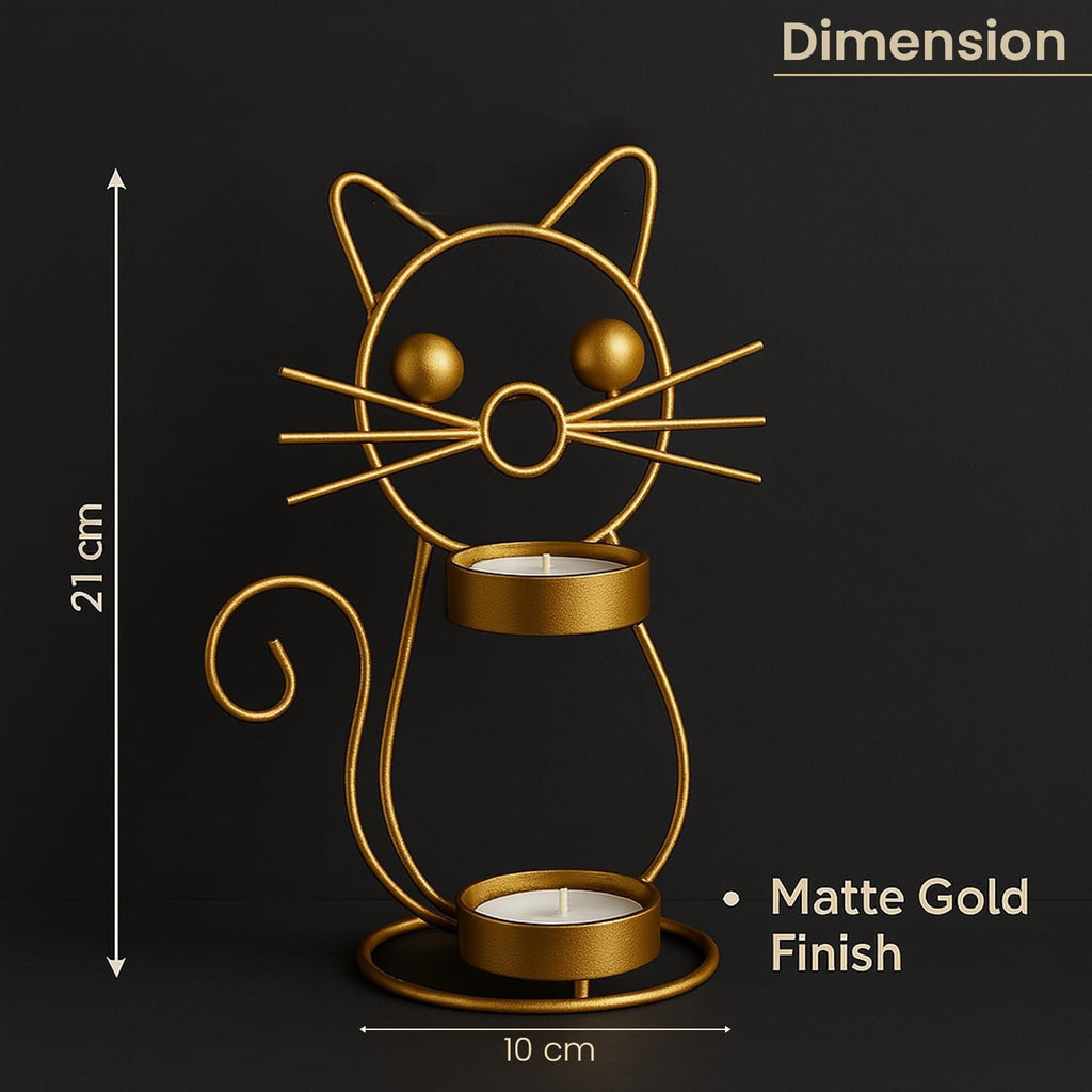 GoHooked matte gold finish iron cat tealight candle holder with two trays, 21cm tall.