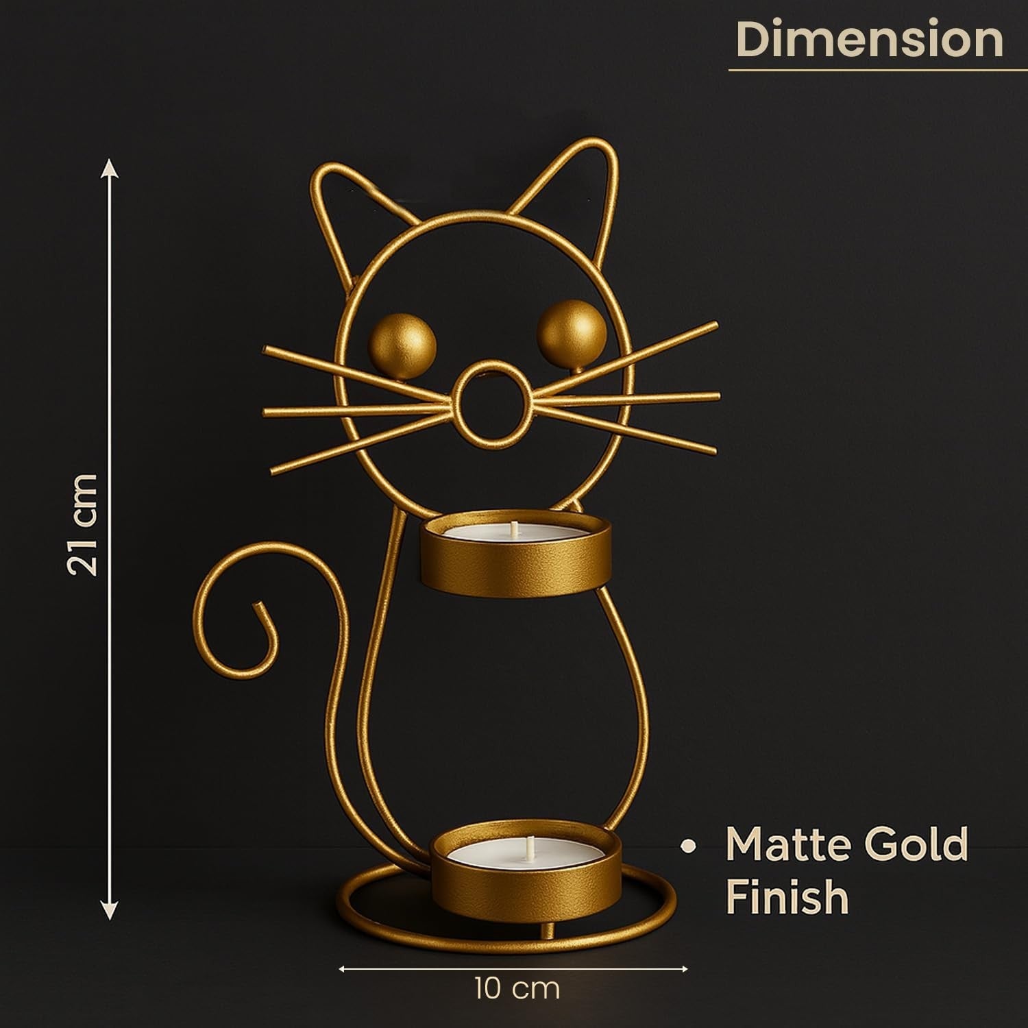 GoHooked matte gold finish iron cat tealight candle holder with two trays, 21cm tall.