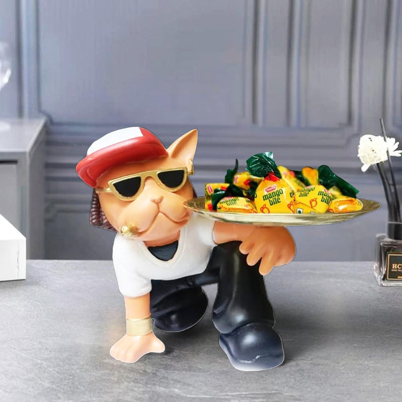 GoHooked cat figurine in sunglasses and hat holding a tray of mango candies. Polyresin sculpture.