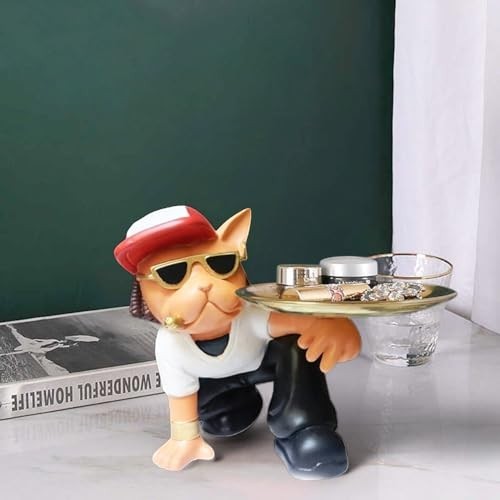 GoHooked black and white cat figurine wearing sunglasses and a red hat, holding a gold tray with cosmetics.