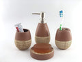 Go Hooked 4-piece ceramic bathroom accessories set in brown with textured detail. Includes soap dish, dispenser, tumbler, and toothbrush holder.
