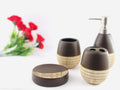 Go Hooked 4-piece ceramic bathroom accessories set in dark brown with a textured natural finish. Includes soap dish, dispenser, tumbler, and toothbrush holder.