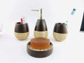 Go Hooked 4-piece ceramic bathroom accessories set in dark brown with a woven bamboo-like band. Includes soap dish, dispenser, tumbler, and toothbrush holder.