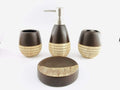 Go Hooked 4-piece ceramic bathroom accessories set in dark brown with textured natural accents. Includes soap dish, dispenser, tumbler, and toothbrush holder.