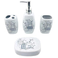 Go Hooked 4-piece white ceramic bathroom set with blue floral and vase design. Includes soap dispenser, toothbrush holder, tumbler, and soap dish.