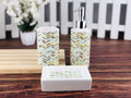 GoHooked 3-piece ceramic bathroom set with chevron pattern in mint, brown, and yellow. Includes soap dispenser, cup, and soap dish.