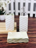 Go Hooked 3-piece ceramic bathroom set with wavy texture in white and green marble design. Includes soap dispenser, toothbrush holder, and soap dish.