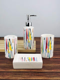 GoHooked 4-piece ceramic bathroom set with a colorful abstract geometric pattern. Includes soap dispenser, tumbler, toothbrush holder, and soap dish.