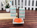 Go Hooked 3-piece ceramic bathroom set with toothbrush holder, soap dispenser, and soap dish in a striped design.