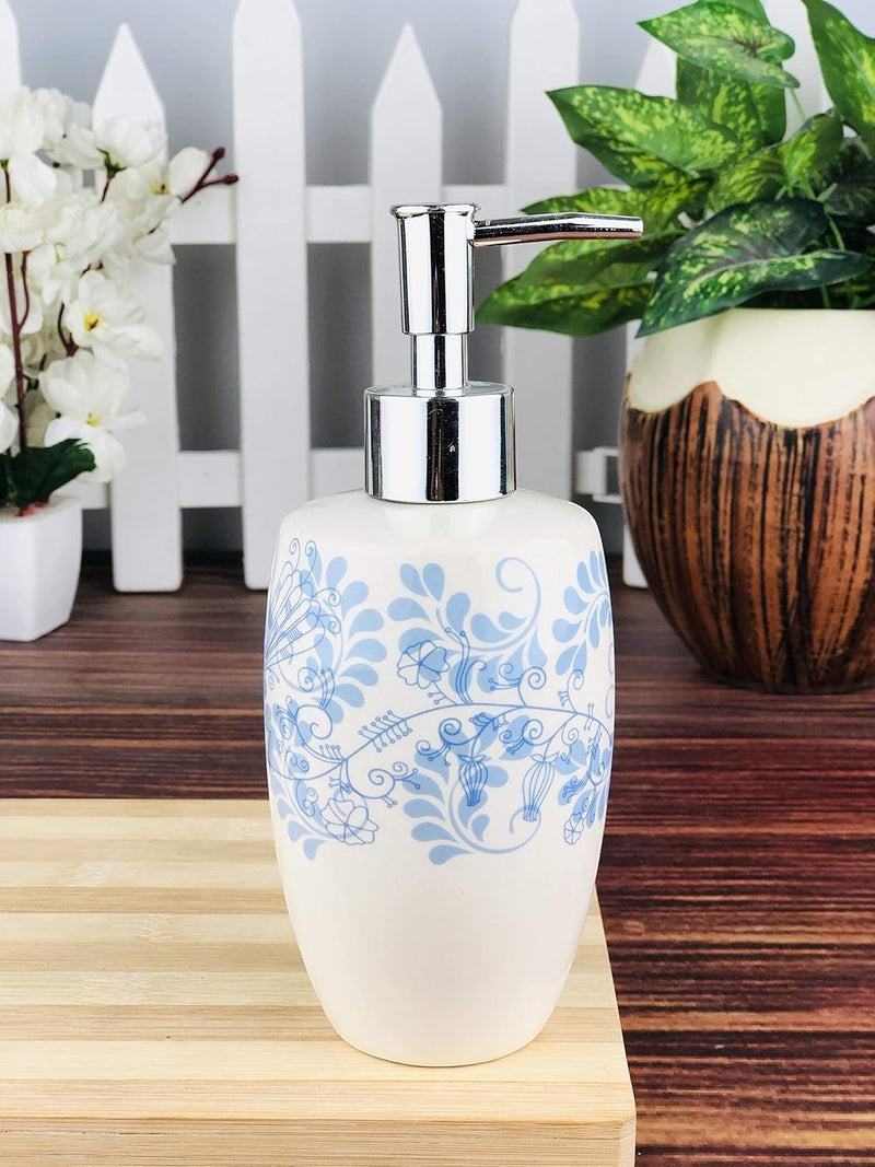 GoHooked white ceramic soap dispenser with blue floral pattern and chrome pump, 300ml capacity.