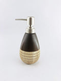 GoHooked dark brown and cream ceramic soap dispenser with textured base and silver pump.