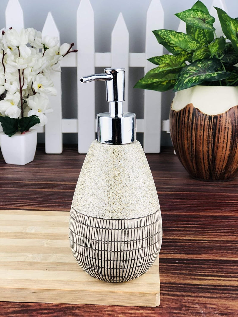 Go Hooked ceramic soap dispenser with a textured beige top and a black striped pattern on the bottom. 300ml capacity.
