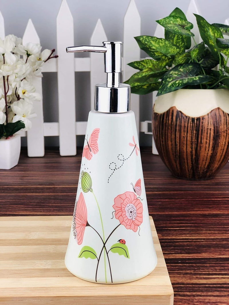 GoHooked white ceramic soap dispenser with pink floral and butterfly design, 300ml capacity.