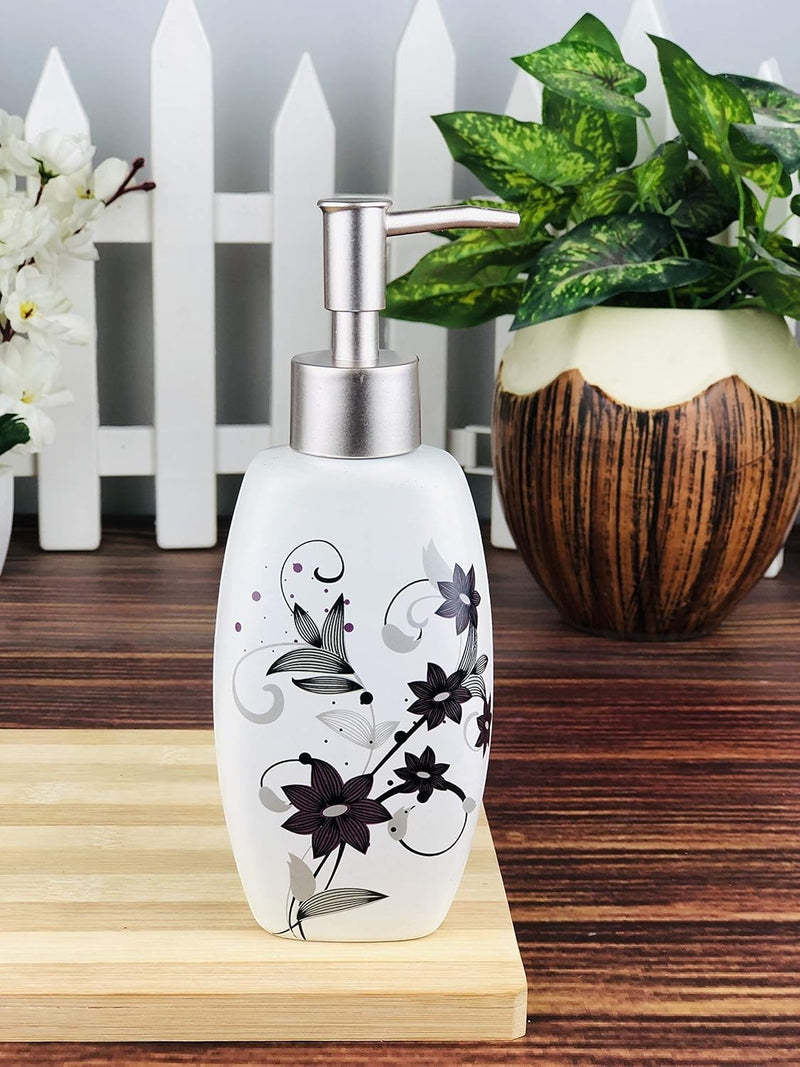 GoHooked white ceramic soap dispenser with purple floral design and silver pump. 300ml capacity.