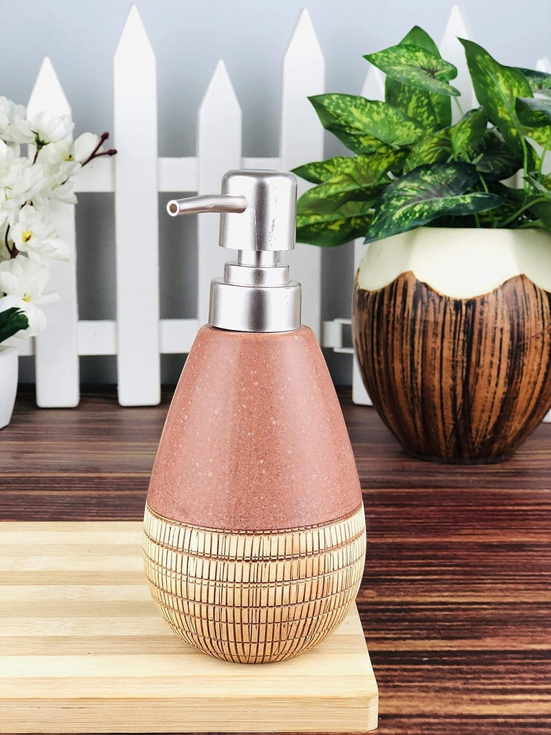Go Hooked terracotta and woven ceramic soap dispenser with silver pump, 300ml capacity.