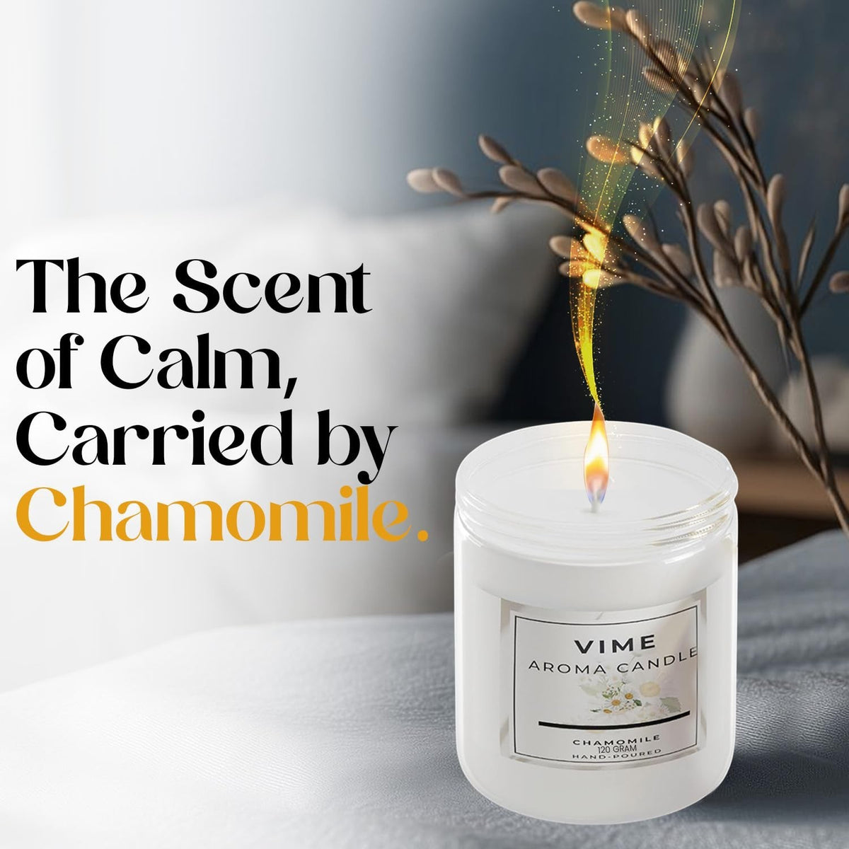 GoHooked white chamomile scented aroma candle in a glass jar, 120 gm, hand-poured for home decor and aromatherapy.
