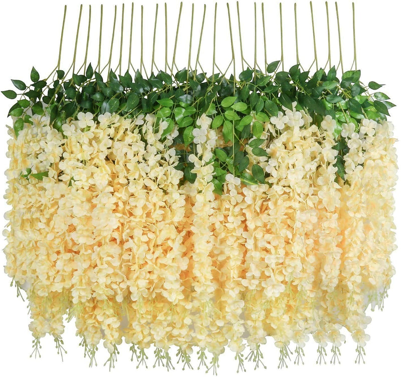 GoHooked 12 pack champagne silk wisteria vines with green leaves, 3.6 feet long, for wedding and party decor.