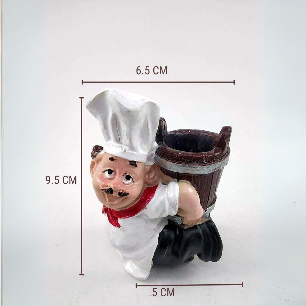 Go Hooked white and brown resin chef toothpick holder with red scarf, 8cm tall. Fun kitchen decor.