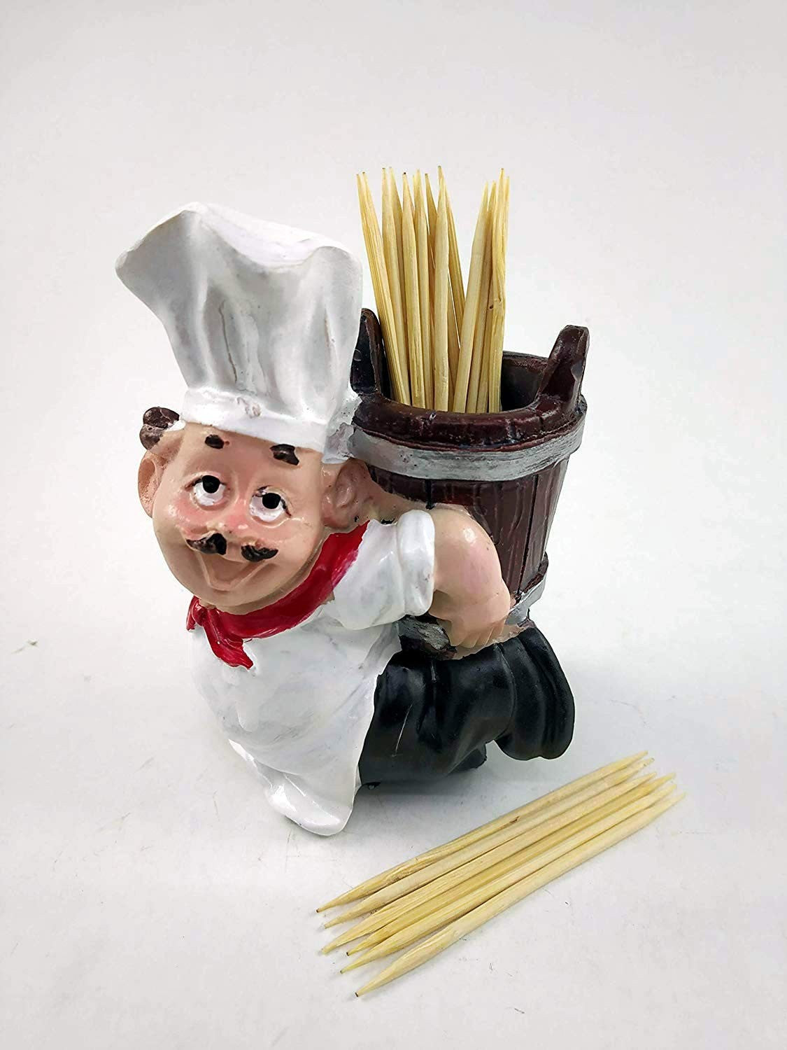 Go Hooked white and brown resin chef toothpick holder with barrel, 8cm. Perfect for home decor and gifting.