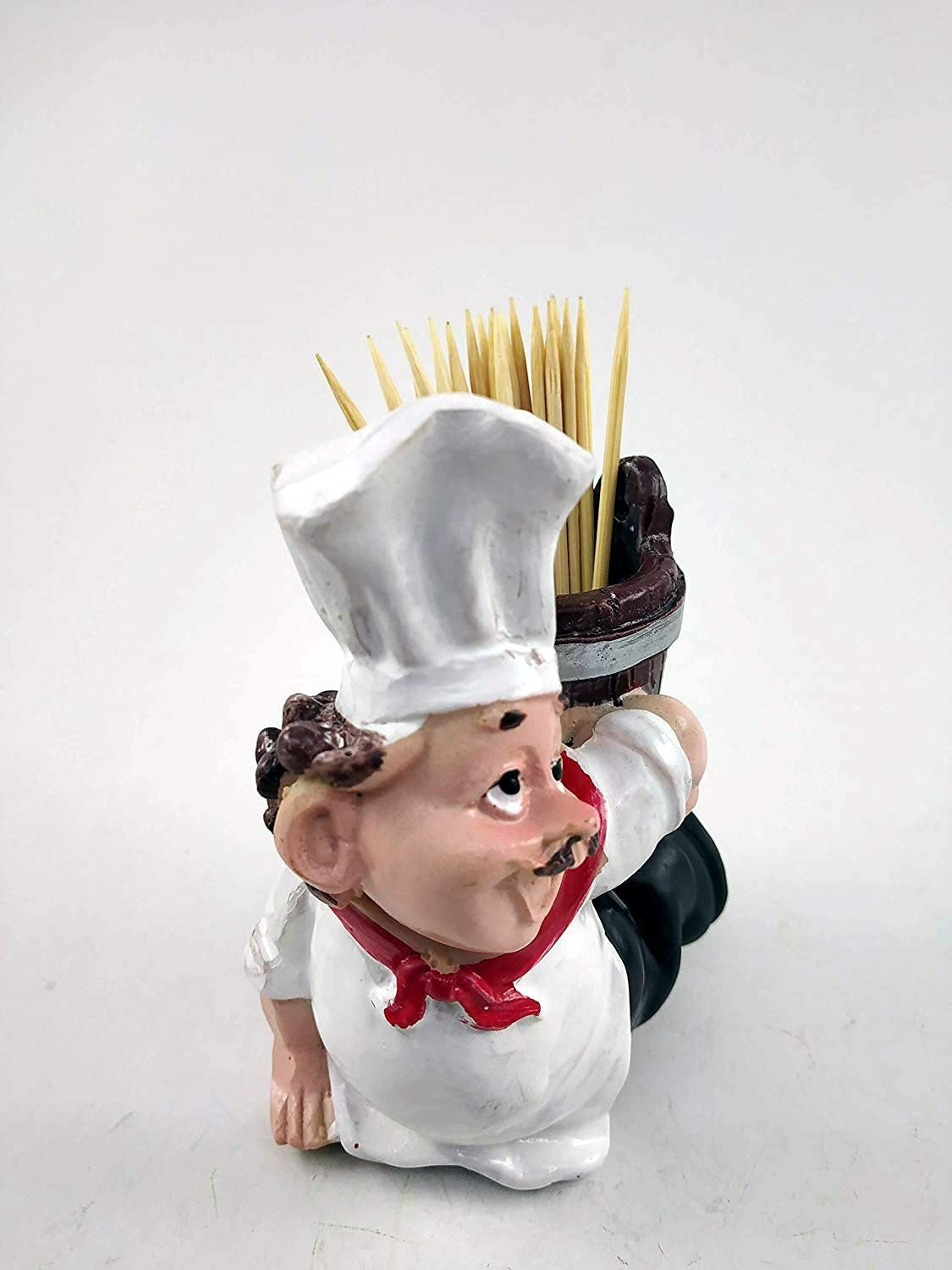 Go Hooked white and brown resin chef toothpick holder with red scarf and barrel