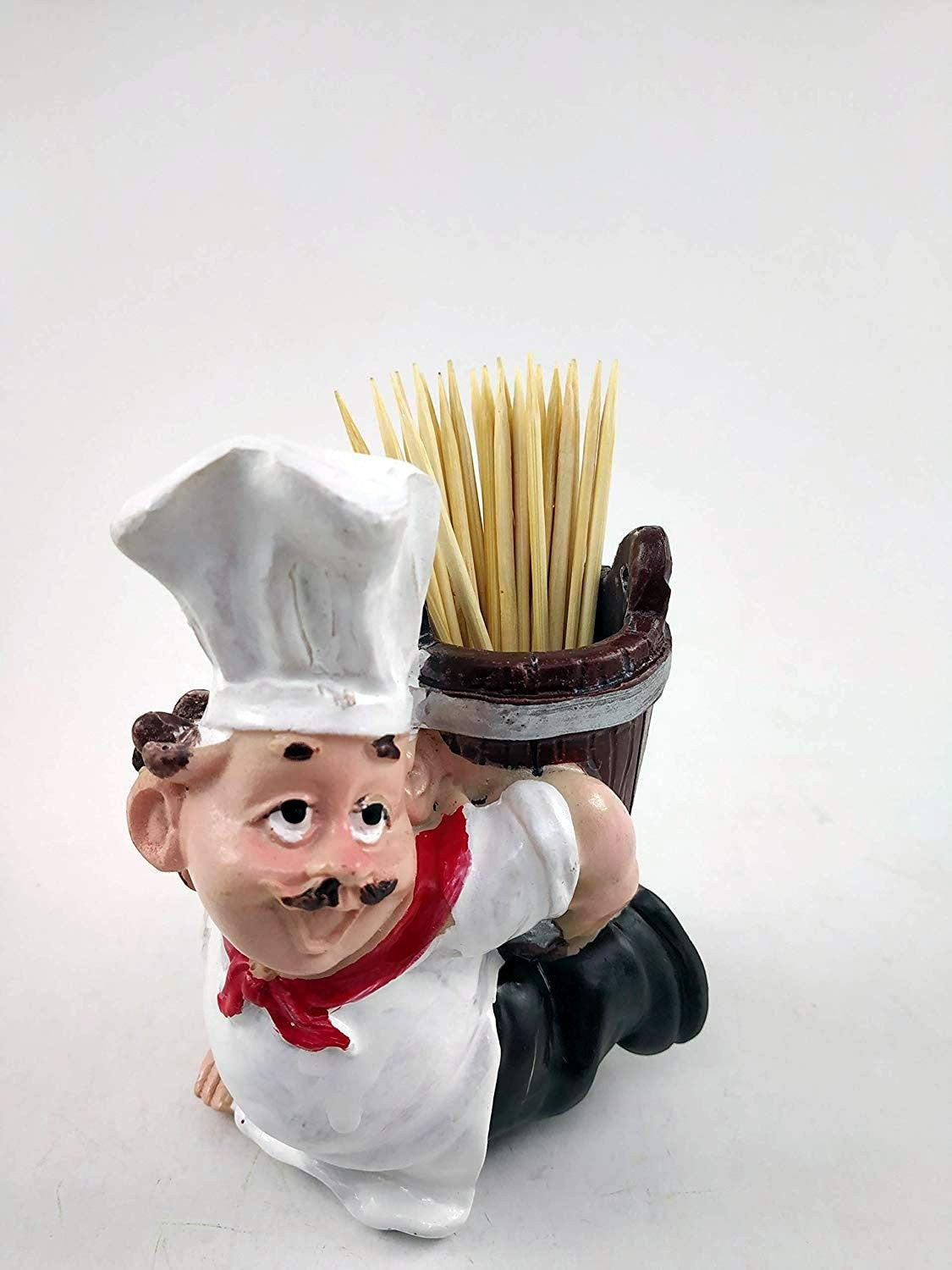 Go Hooked white and brown resin chef toothpick holder with red scarf and black pants, 8cm