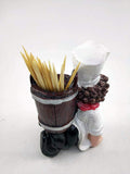 Go Hooked white and brown resin chef toothpick holder with barrel and red scarf. Holds wooden toothpicks.