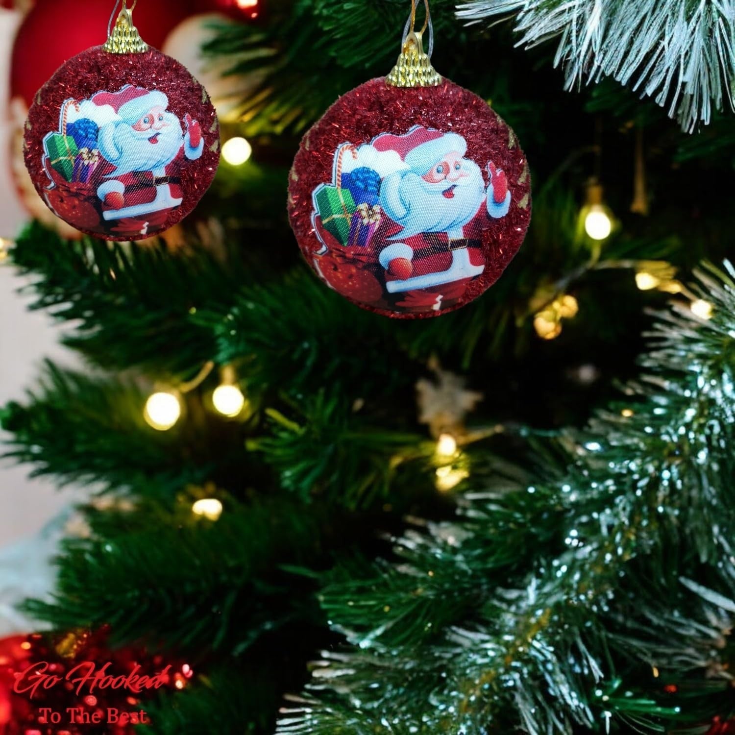 Go Hooked red glitter Christmas ornament with Santa Claus design, 4-inch diameter, pack of 3.
