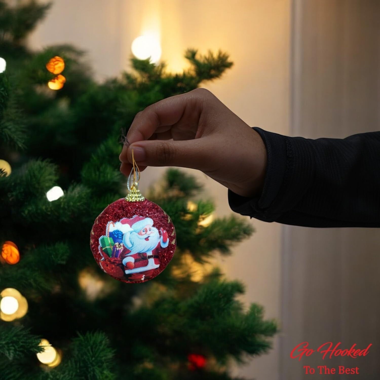Go Hooked red glitter Christmas ornament with Santa Claus design, 4 inches, reusable and vibrant.