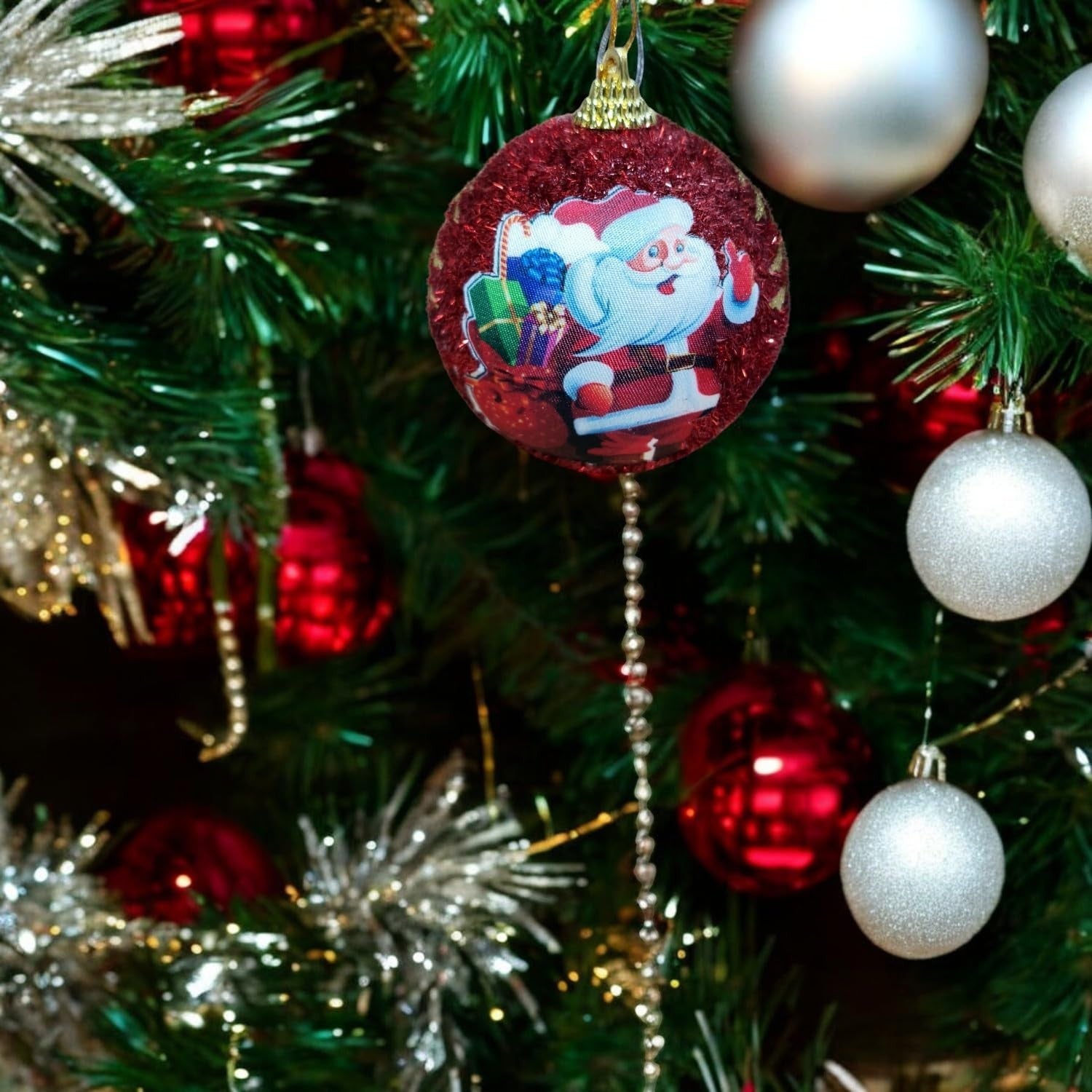 GoHooked red glitter Christmas ornament with Santa Claus design, 4 inch, pack of 3