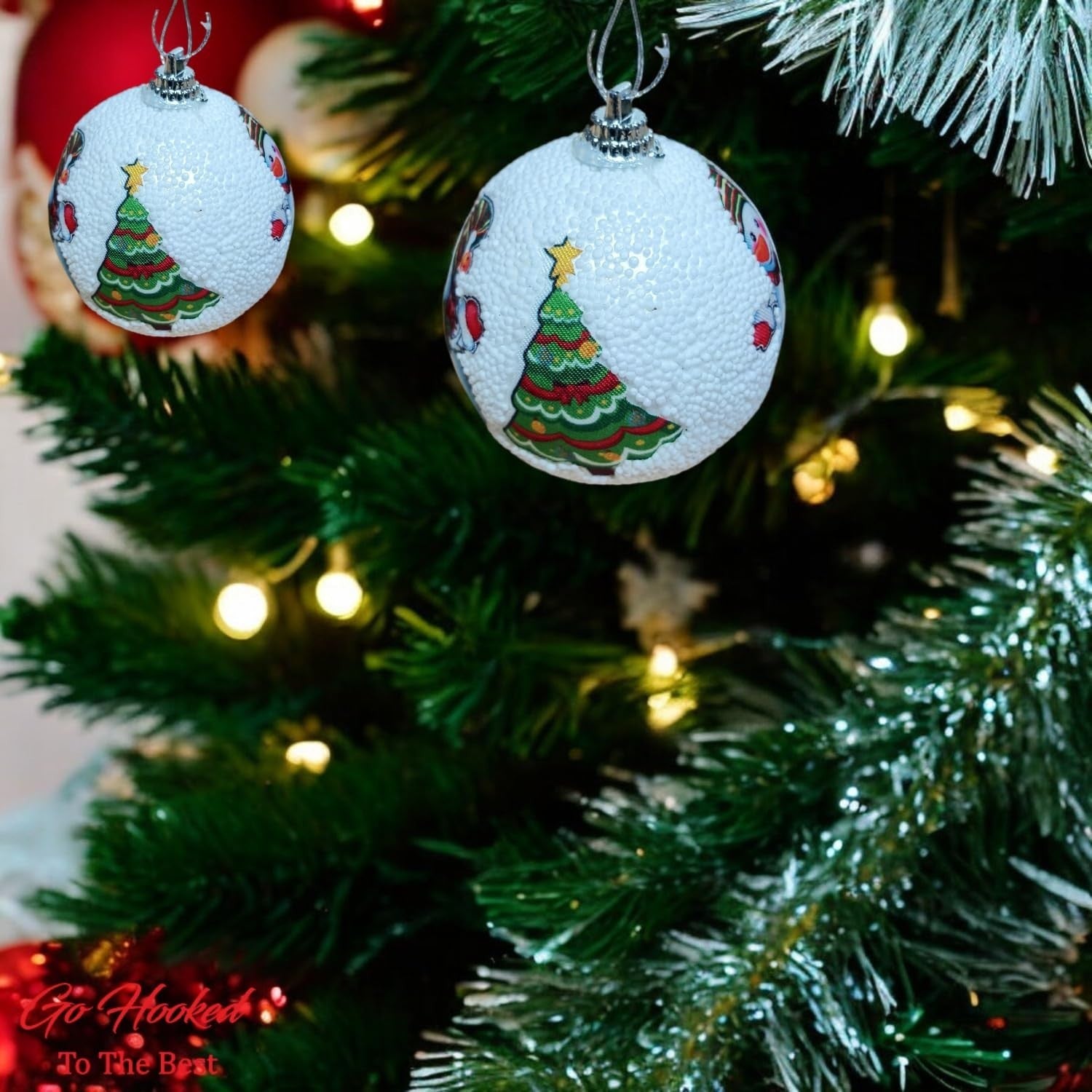 Go Hooked multicolor Christmas tree ornaments with glitter accents and festive designs. Pack of 6.