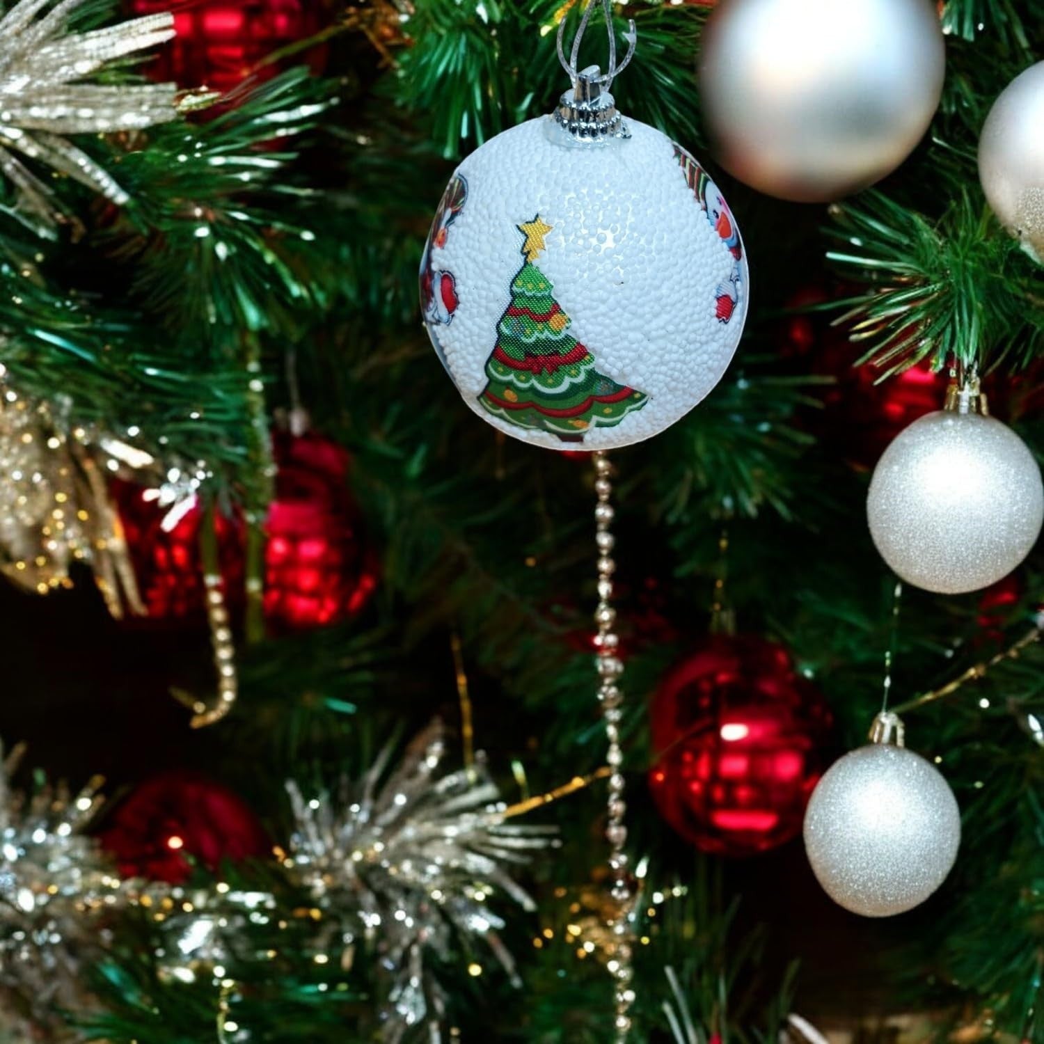 GoHooked multicolor Christmas tree ornaments with glitter, featuring a festive tree design. Pack of 6.